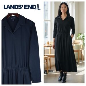 Lands End Midi Polo Dress Shirtdress Sz Medium 10 12 Navy Blue Classic Nautical